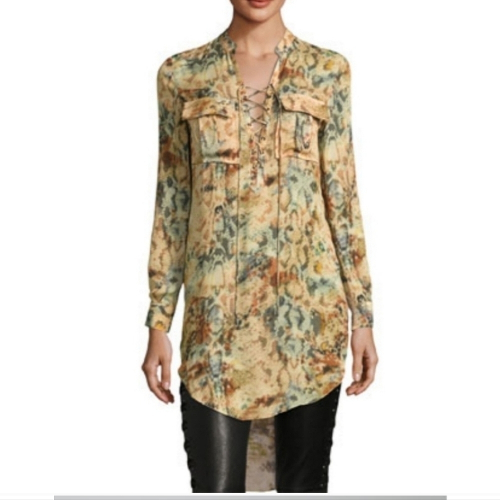 Haute hippie Silk long line lace up blouse high‎ low XS